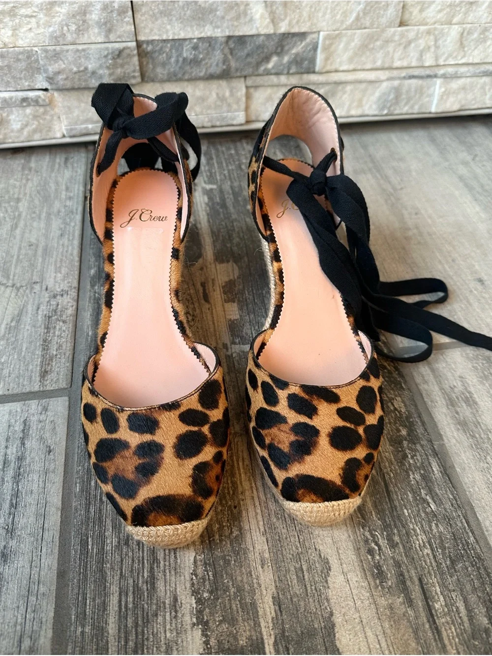 NEW J Crew Hutton Leopard Ankle wrap espadrille wedges Size 7
